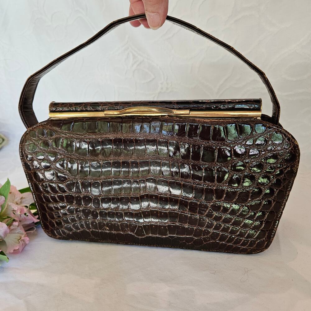 Vintage Genuine Crocodile Leather Brown Handbag Frame Purse MCM